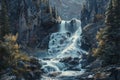 A painting depicting a cascading waterfall amidst a lush forest of trees, Marveling at the beauty of a cascading waterfall in the