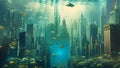 A painting depicting a cityscape immersed underwater, showcasing distressed colors and capturing the eerie beauty of urban