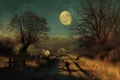 A painting depicting a country road illuminated by a full moon in the background, Looming harvest moon casting long shadows on a