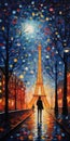 Colorful Pointillism Painting Of Eiffel Tower At Night