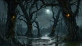 A painting depicting a dark swamp illuminated by the eerie glow of eyes, Spooky moonlit swamp with gnarled trees and glowing eyes