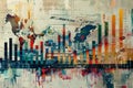 Painting depicting a detailed map of the world with borders, countries, and major cities, Create a collage of economic indicators