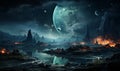 Fantasy Landscape Painting With Planets Royalty Free Stock Photo