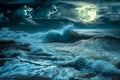 A painting depicting a full moon shining brightly over the dark waves of the ocean, Ocean waves in moonlight creating a mystical Royalty Free Stock Photo