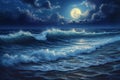 A painting depicting a full moon shining brightly over the tranquil ocean waters, Ocean waves illuminated by an ethereal moonlight Royalty Free Stock Photo