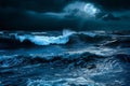 A painting depicting a full moon shining brightly over the vast expanse of the ocean, Dark blue ocean waves crashing with an Royalty Free Stock Photo