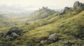Hyperrealistic British Landscape Painting Of A Green Mountain With Castle