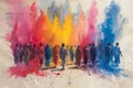 A painting depicting a group of people gathered around a fire during the lively Holi Festival of Colors celebration Royalty Free Stock Photo