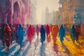 A painting depicting a group of people joyfully walking down a street during the Holi Festival of Colors Royalty Free Stock Photo