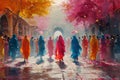 A painting depicting a group of people walking down a street during the Holi Festival of Colors Royalty Free Stock Photo