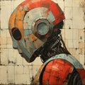 a painting depicting an image of a robot with a helmet