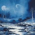 Blue Painting With Trees And Wolves: A Romantic Moonlit Seascape