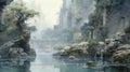 Majestic Fantasy Landscape: Detailed Architecture, Waterfall, And Dark River