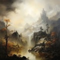 Misty Gothic Landscape: Luminous Water And Medieval Fantasy