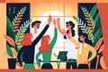 Painting depicting people in office raising their hands for business goals