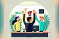 Painting depicting people in office raising their hands for business goals
