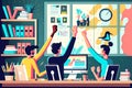 Painting depicting people in office raising their hands for business goals