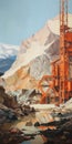 Hyper-detailed Oil Painting Of Mountains With Orange Building