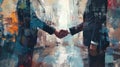 Two People Shaking Hands in the Rain Painting - Businessmen Seal a Deal in a Modern City. Silhouettes of people on an abstract