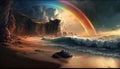 Serene beachscape with rainbow