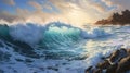 Realistic Hyper-detailed Painting Of A Large Wave Breaking Ashore With Sunrays