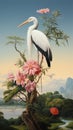 Hyperrealistic Landscape: Stork Perched On Branch With Flowers