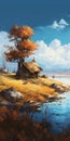 Serene Autumn Cabin: Concept Art Canvas Painting Royalty Free Stock Photo