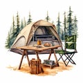 Watercolor Illustration Of A Tent And Camping Equipment