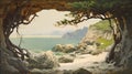 Vintage Oil Painting Cave With Ocean Willow On White Background