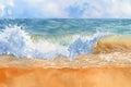 This painting depicts the forceful crash of a wave against the shoreline of a beach, A watercolor splash mimicking waves on a