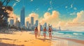 Captivating Skylines: Painting Of People Walking Along Beach With Surfboards