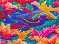 Painting depicts a magnificent blue fish adorned with an array of intricate and captivating patterns, creating a visually stunning