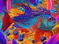 Painting depicts a magnificent blue fish adorned with a mesmerizing array of colorful coral patterns.