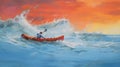 Lively Seascapes: A Hard Edge Painting Of A Man Paddling On A Canoe On Waves In Red And Orange