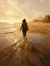 The painting depicts a person walking on a beach at sunset, with the warm light casting a golden glow on the sand Royalty Free Stock Photo