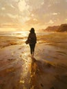 The painting depicts a person walking on a beach at sunset, with the warm light casting a golden glow on the sand Royalty Free Stock Photo