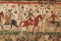 This painting depicts a scene of men riding on horses, with one man standing out as he rides on a horse, A medieval hunting party