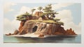 Vintage Oil Painting Of Island With Cave Cedar - Hiroshi Nagai Style
