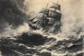 This painting depicts a ship struggling against powerful waves in a tumultuous sea, A vintage drawing of a ship battling