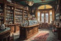 This painting depicts a store filled with numerous bottles, showcasing a vibrant and bustling scene, Steampunk illustration of a