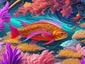 Painting depicts a stunning scene of an orange fish gracefully swimming amidst a vibrant coral reef.