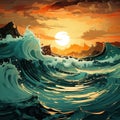Teal Surrealism Seascape Abstract Illustration With Detailed Backgrounds