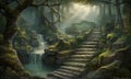 Surreal world of a mysterious forest with stone paths