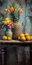 Rustic Realism Painting Of Pineapples, Oranges, Bananas, And Flowers In A Vase