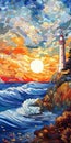 Vibrant Mosaic: Sunset And Lighthouse Illustration In Signac\'s Style