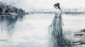 Ethereal Illustration Of A Girl In Blue Dress Beside Water