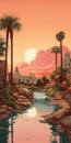 Chromatic Oasis: A Stunning Desert Scene With Waterfalls And Palm Trees