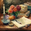 Painting of a desk with books, flowers and a candle Royalty Free Stock Photo