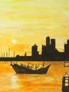 Painting of dhow moving out to the sea at sunset