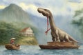 A Painting Of A Dinosaur And A Man In A Boat. Generative AI